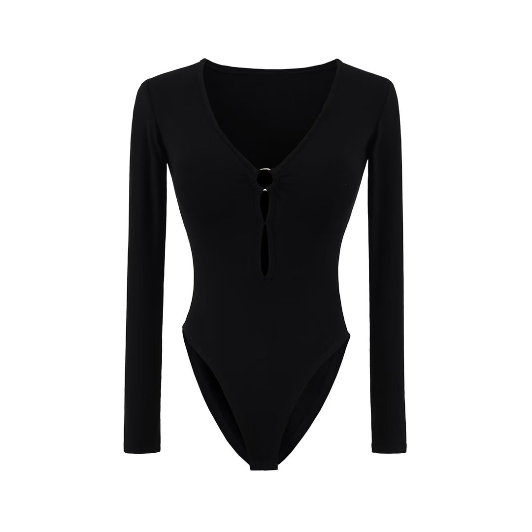 Long sleeve women's body with elegant V-neck and decorative ring detail Lune London