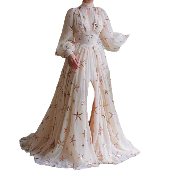 Women's Elegant Evening Dress with Opulent Transparency and Sparkling Sequins Lune London