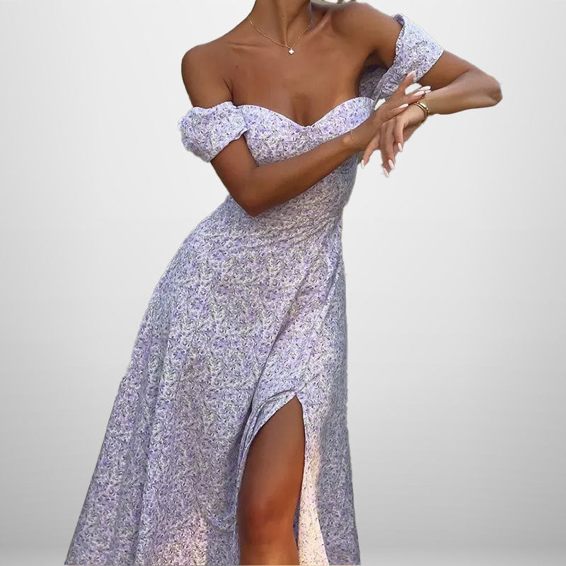 Robe maxi femme à épaules dénudées avec imprimé floral romantique et fente sur le côté Chic & Stil