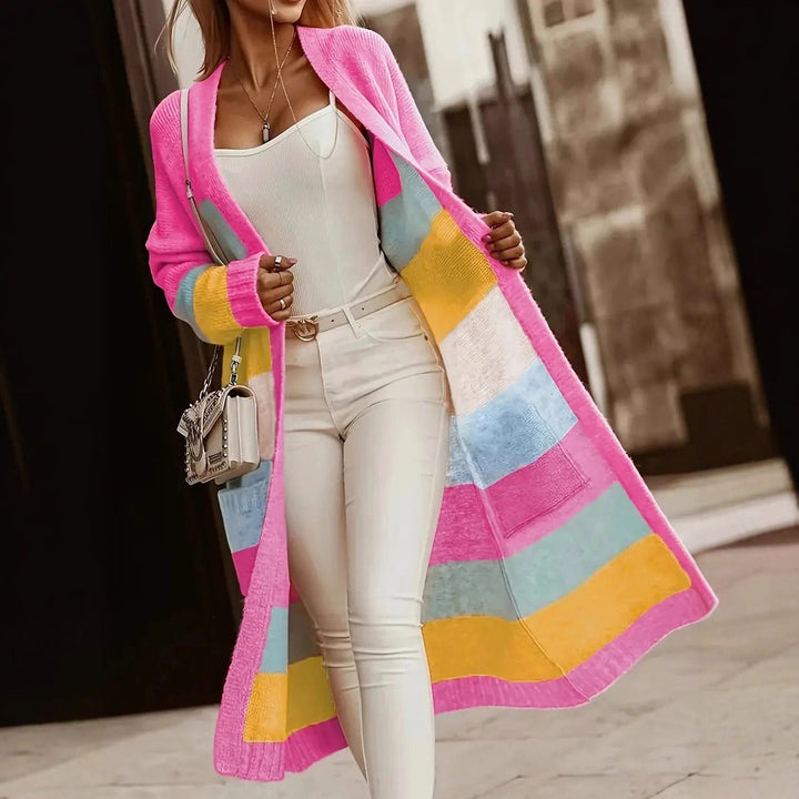Women's Fashionable Long Knit Cardigan with Colorful Striped Pattern Lune London