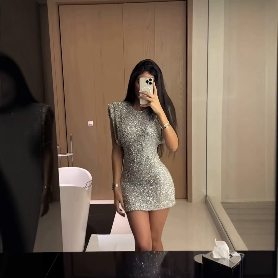 Glamorous cocktail dress for women with sparkling sequin trim Lune London