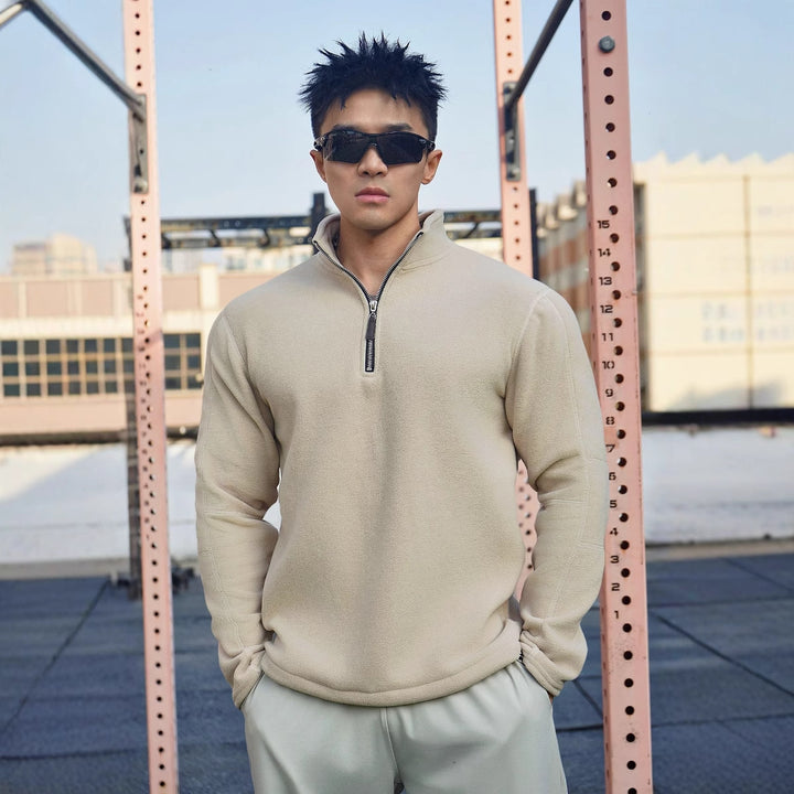 Men's fleece sweater with modern high collar and attractive zip closure details Lune London