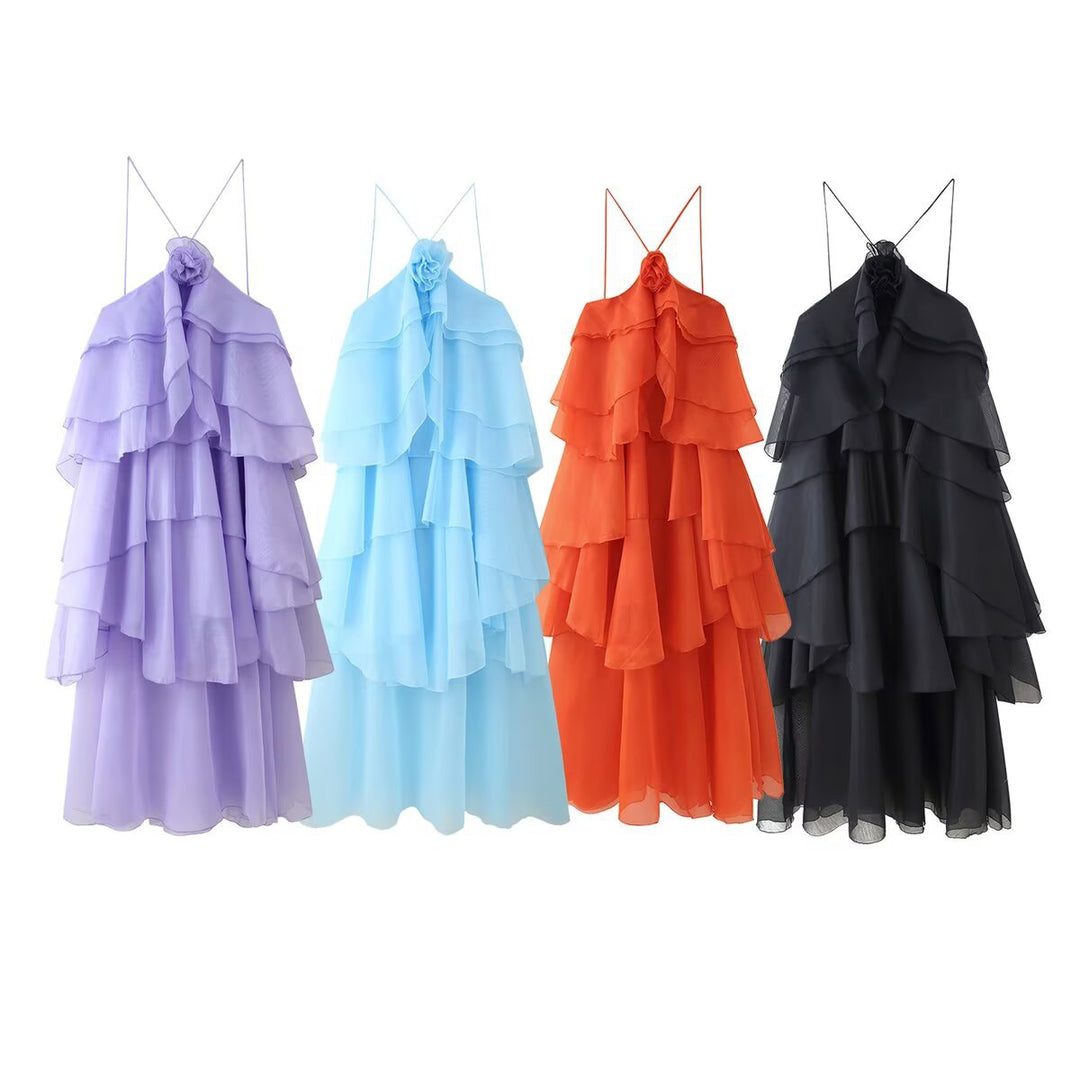 Maxi dress for women with voluminous ruffles and floral accents Lune London