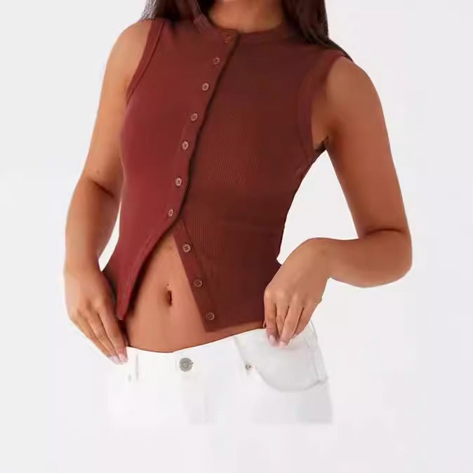 Women Casual Cozy Top with Button Closure and Round Neck Lune London