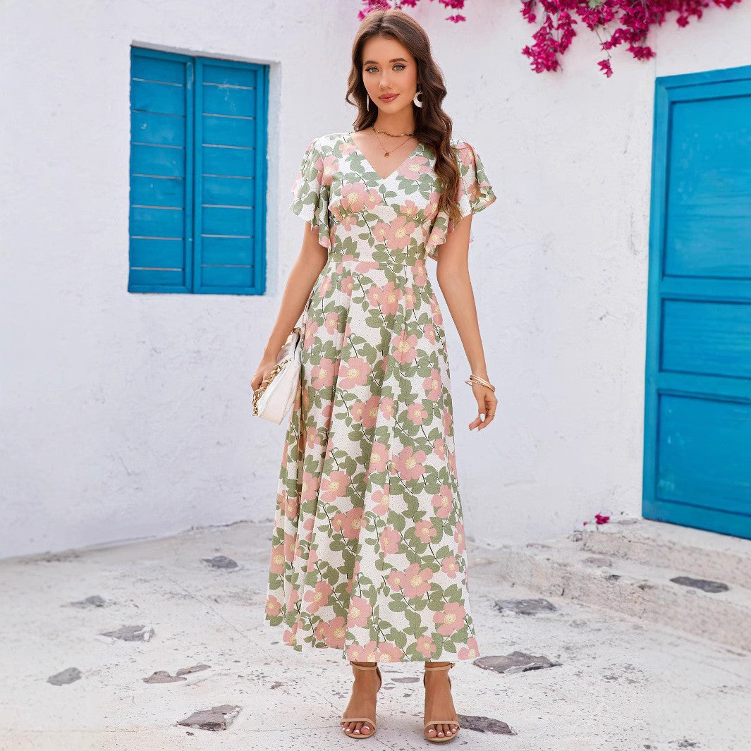 Lune London Floral Print Maxi Dress for Women with Wavy Sleeves