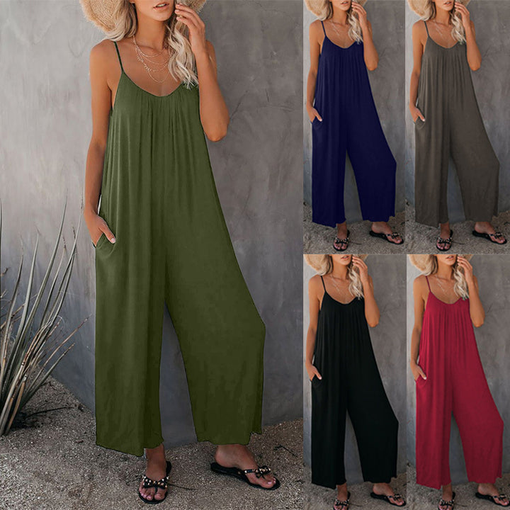 Casual summer jumpsuit for women with plunging neckline and practical pockets Lune London