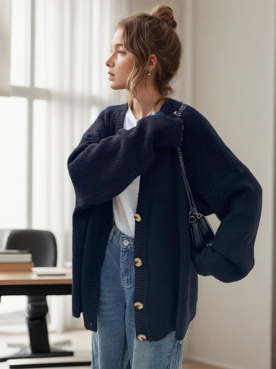 Ladies' oversized knit cardigan with deep V-neck and large buttons Lune London