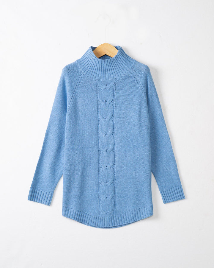 Chunky knit sweater for women with a high collar and cable patterns Lune London