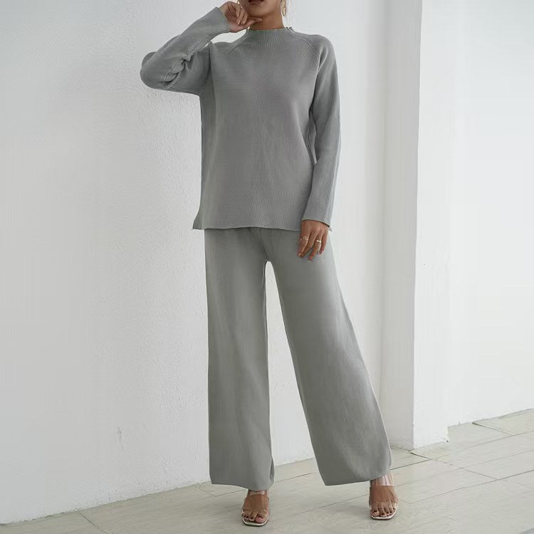 Elegant and casual knit loungewear set for women with high collar and wide legs Lune London