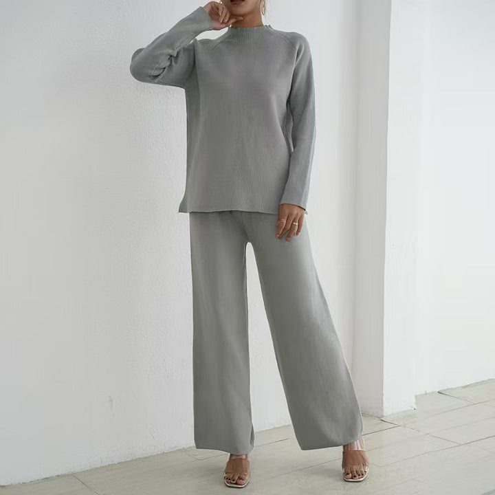 Elegant and casual knit loungewear set for women with high collar and wide legs Lune London