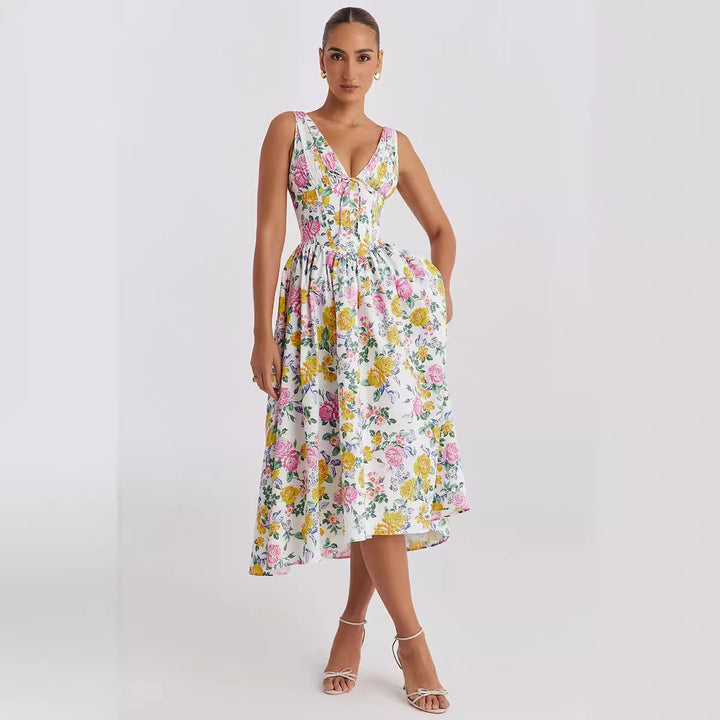 Midi dress for women with floral pattern and elegant V neck Chic & Stil