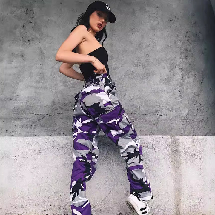 Women's cargo pants with elastic waistband and stylish camouflage design Lune London