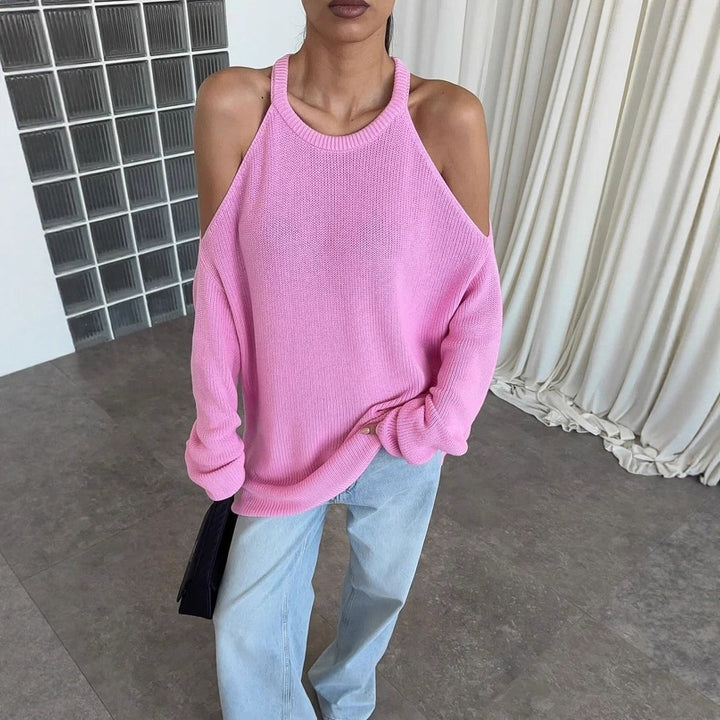Casual knitted pullover for women with an open shoulder design and soft ribbed pattern Lune London