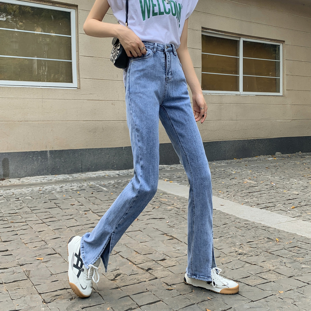 Pantalon en denim taille haute pour femmes avec fentes latérales Chic & Stil