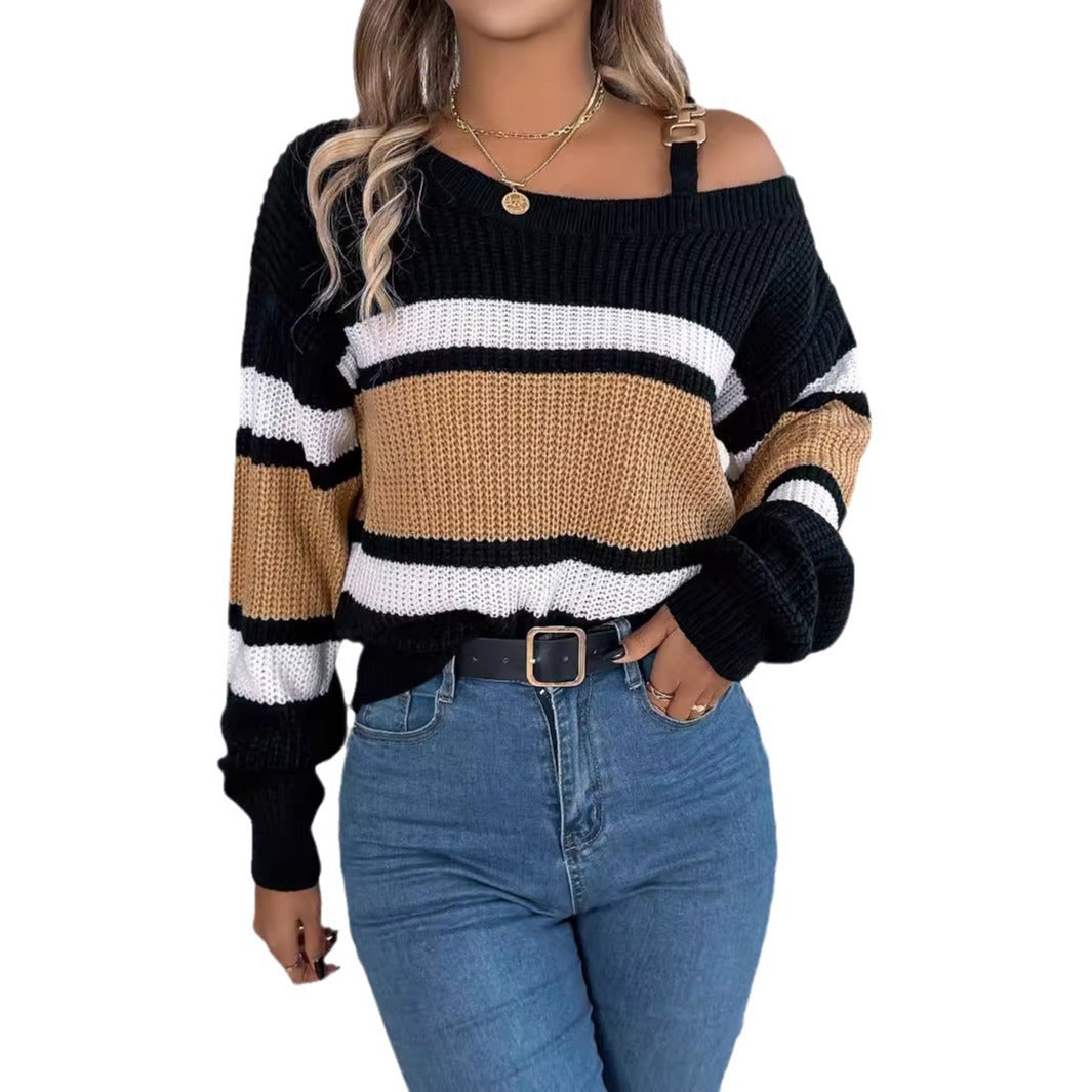 Pull femme à épaules dénudées avec détails à rayures et bretelle tendance Chic & Stil