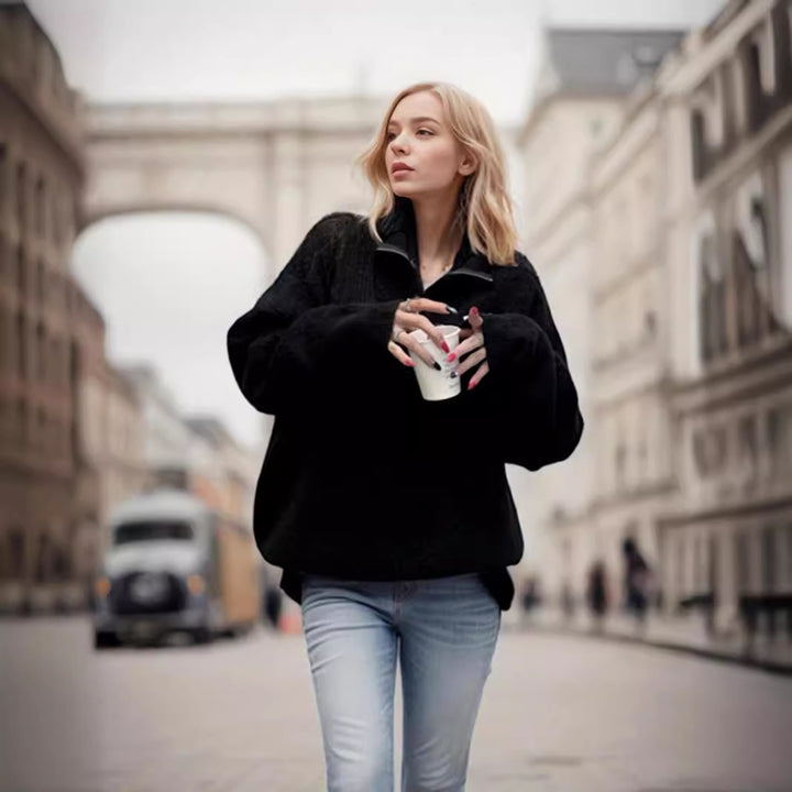 Ladies Soft High Neck Sweater with Zipper and Modern Details Lune London