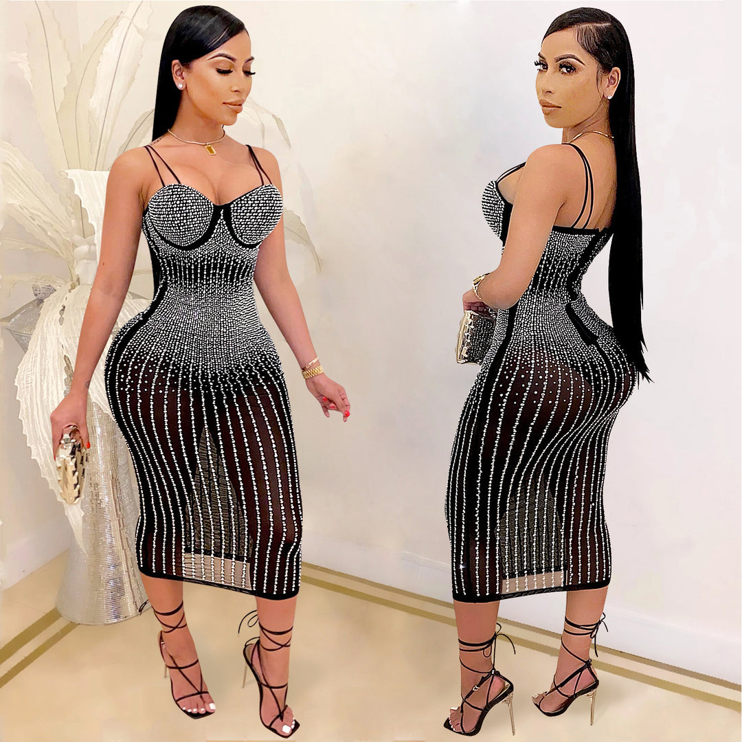 Lune London rhinestone embellished bodycon midi dress for ladies