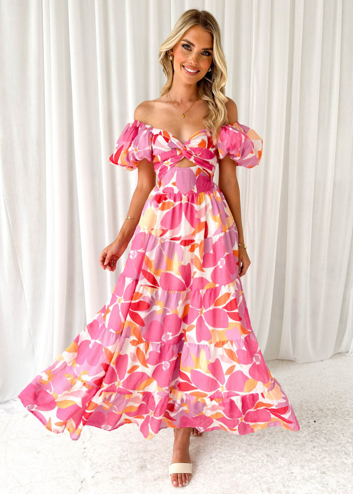 Maxi dress for women with a sophisticated design featuring off-the-shoulder and voluminous puff sleeves Chic & Stil