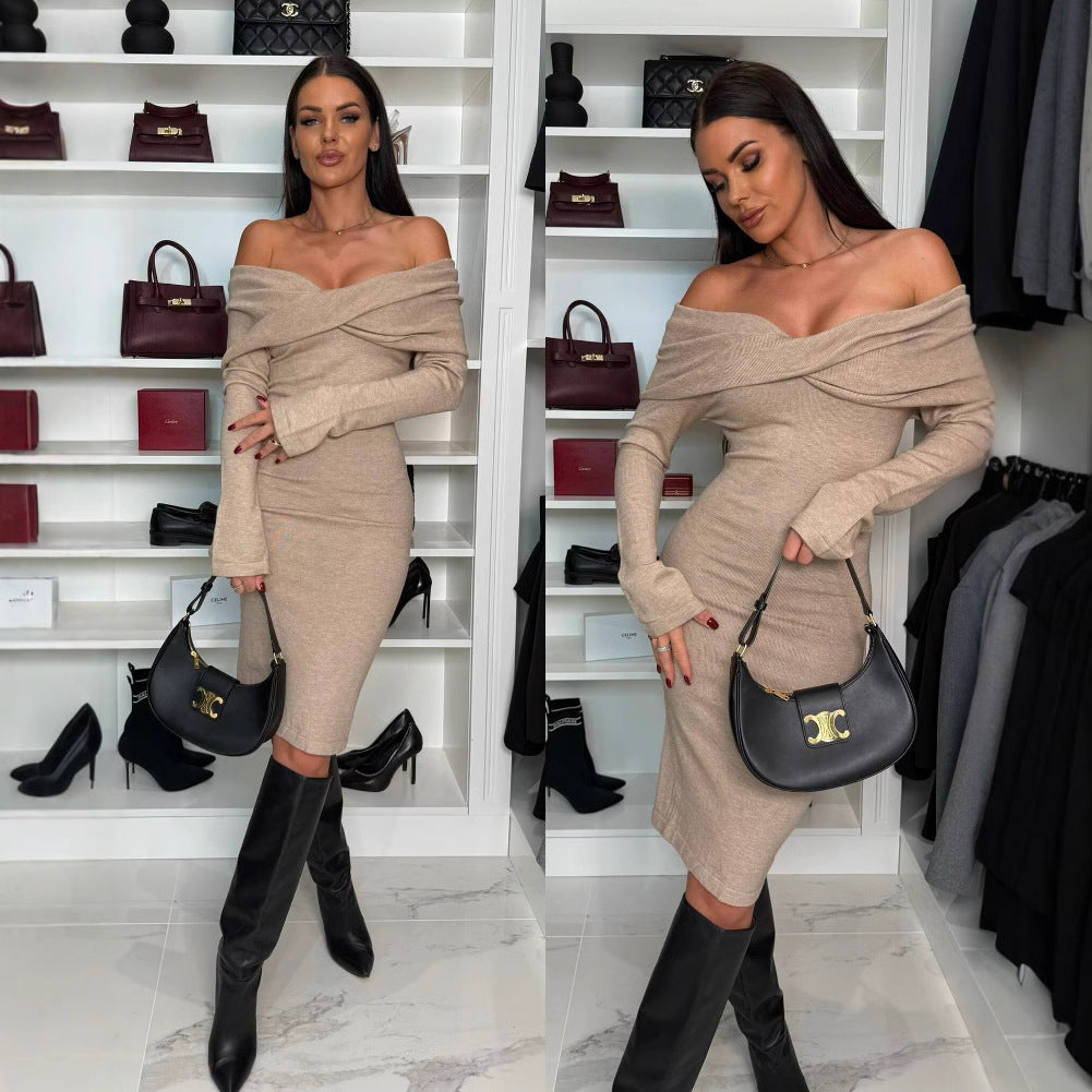 Fitted cocktail dress for women with off-shoulder neckline Lune London