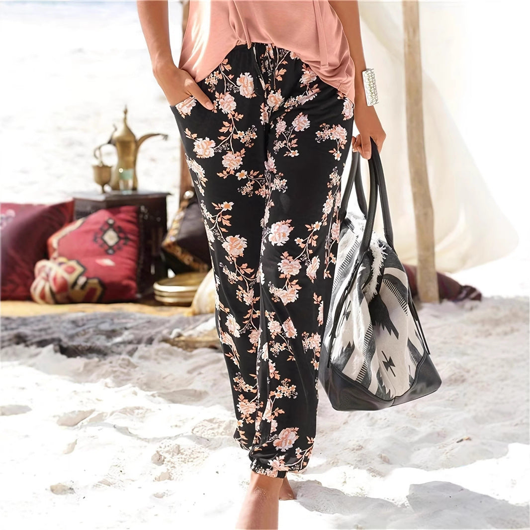 Women Relaxed Floral Pants with Elastic Waistband and Practical Side Pockets Lune London