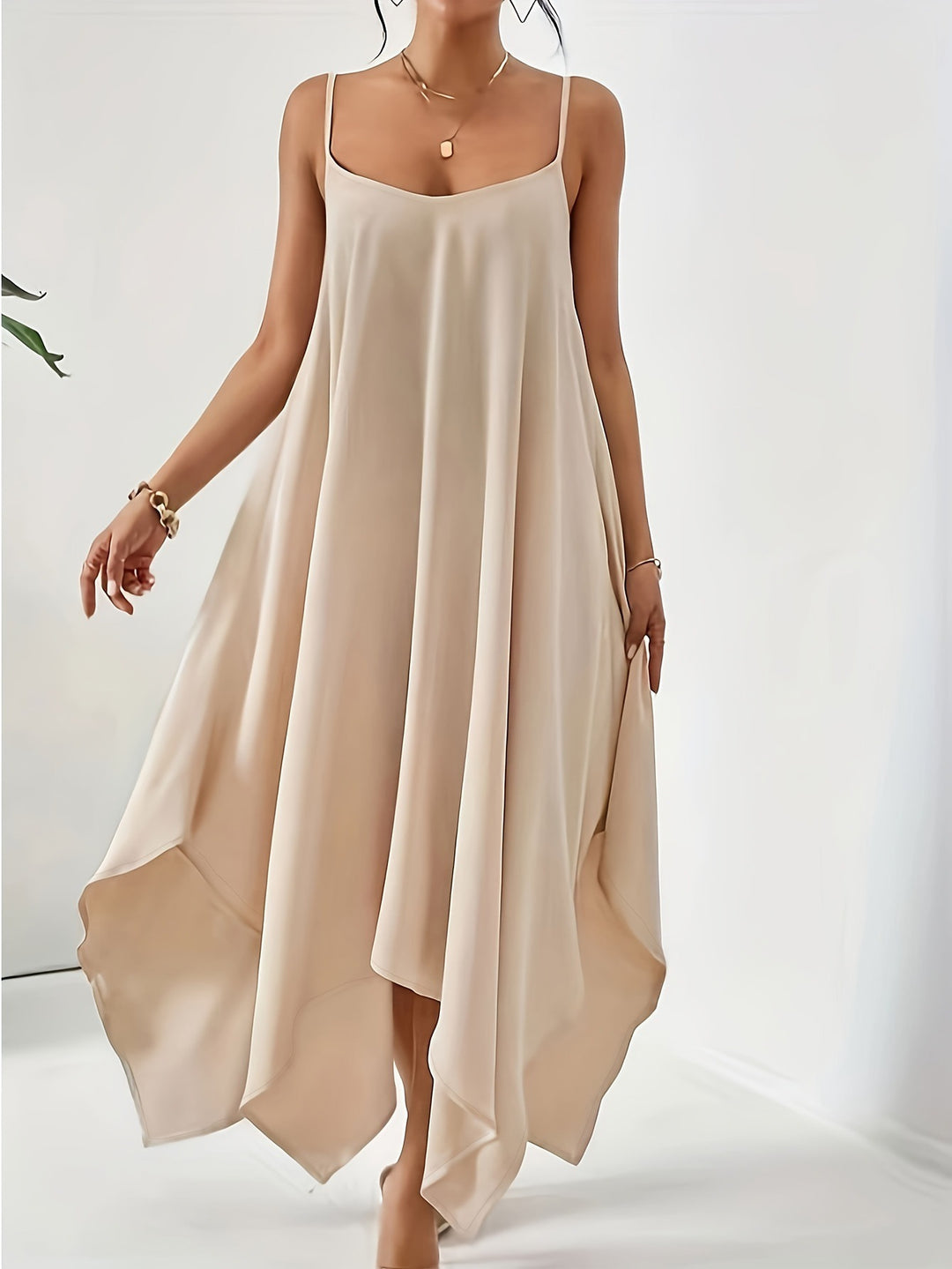 Aerial maxi dress for women with asymmetrical hem and thin spaghetti straps Lune London