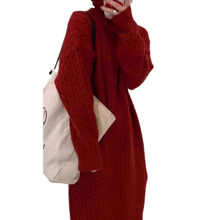 Knit dress for women with high collar and modern cable pattern Lune London