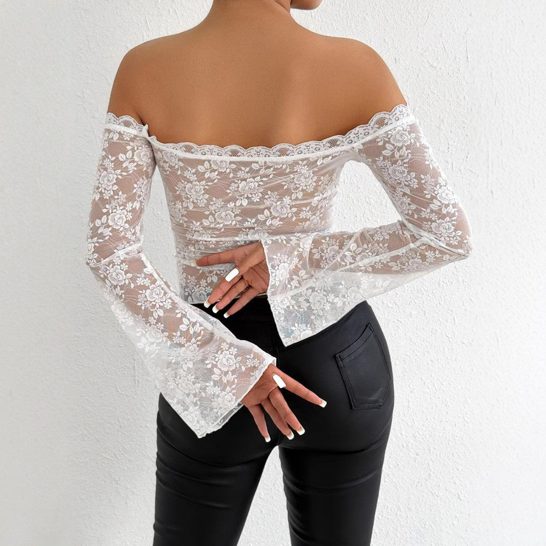 Women’s lace top with off-shoulder design and elegant trumpet sleeves Lune London