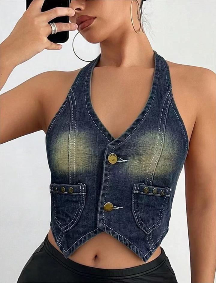 Women's Denim Bustier Jacket with Button Details and Patch Pockets Lune London
