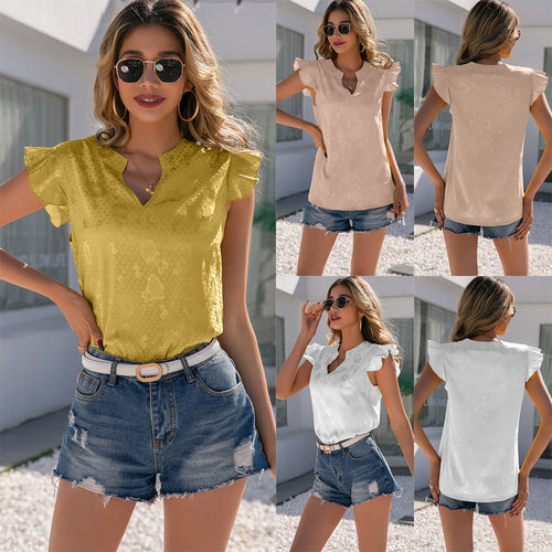 Ladies elegant short-sleeve blouse with ruffled collar and V-neck Lune London
