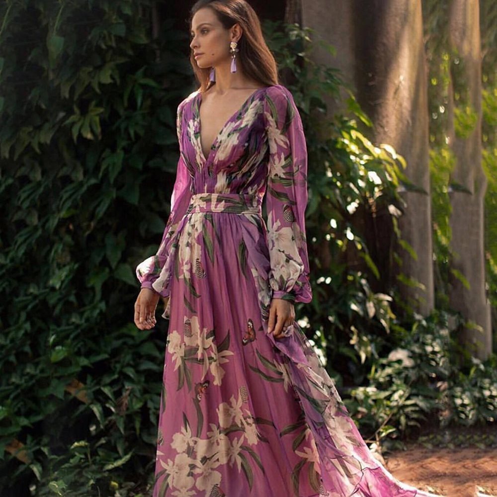 Maxi dress for women with deep V-neck, floral design and flowing skirt Lune London