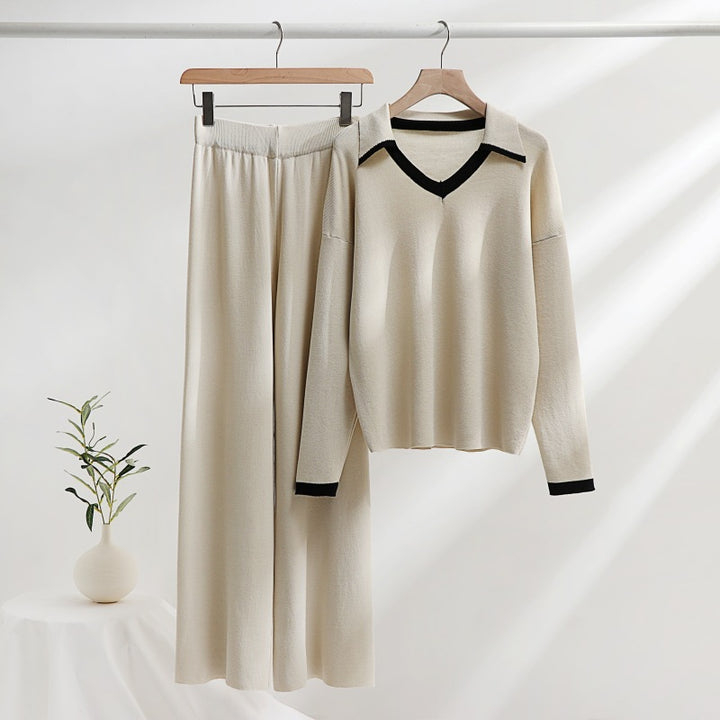 Comfortable knit lounge set for women with contrasting collar and wide leg Lune London