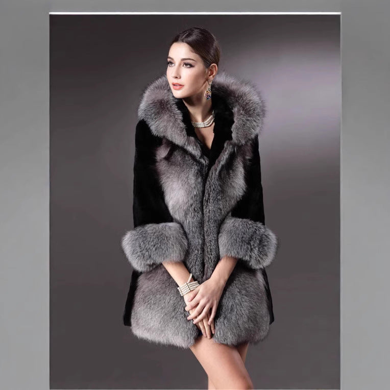 Luxury faux fur jacket for women with hood and decorative details Lune London