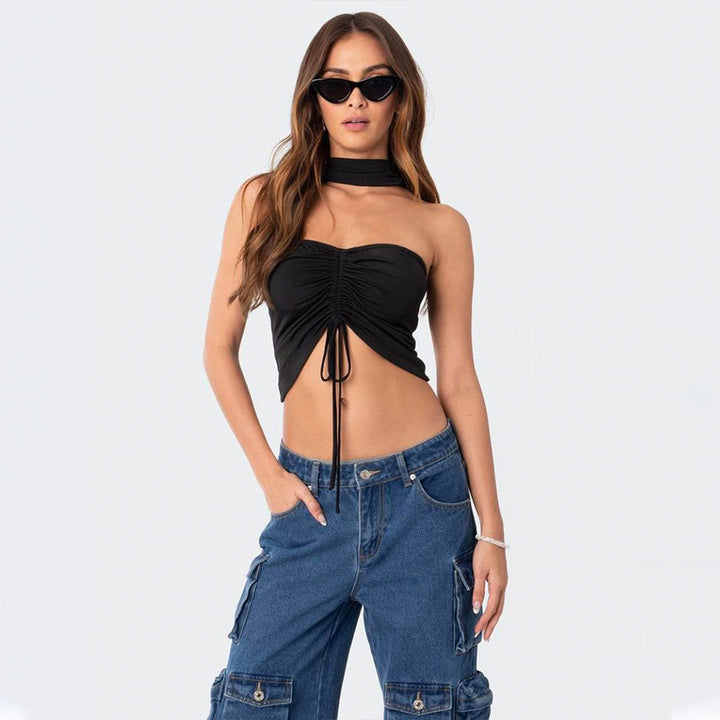 Short top for women with sophisticated ruffle details and tie straps Chic & Stil