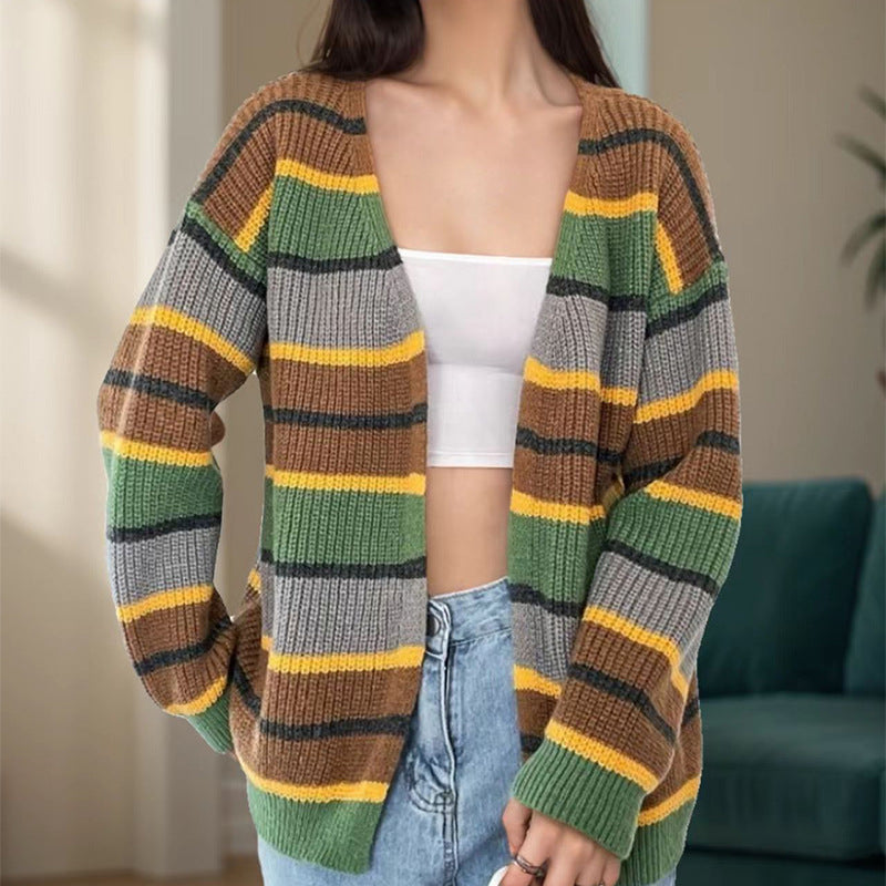 Knitted jacket for women with colorful striped pattern and relaxed fit Lune London