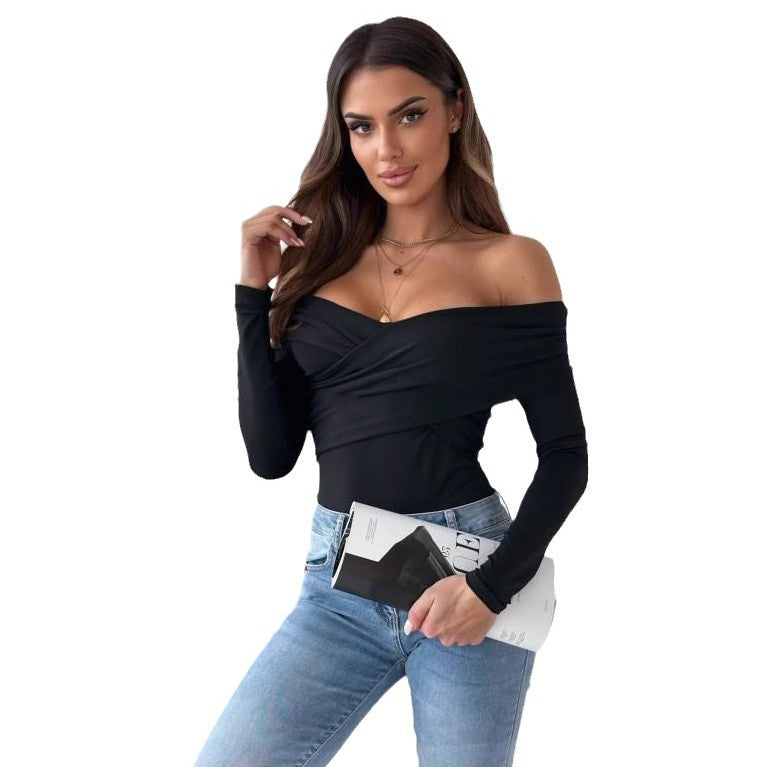 Ladies Elegant crossover top with off-the-shoulder design and long sleeves Lune London