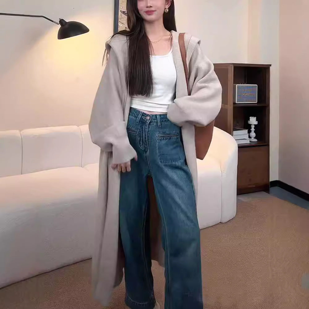 Manteau long en tricot pour femmes avec capuche décontractée et manches larges drapées