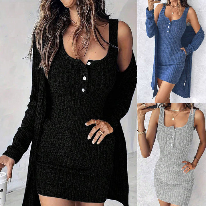 Knit dress for women with button details and matching cardigan Lune London