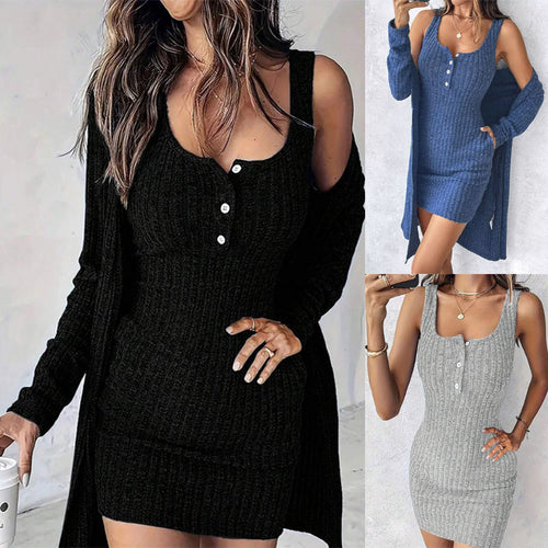 Knit dress for women with button details and matching cardigan Lune London
