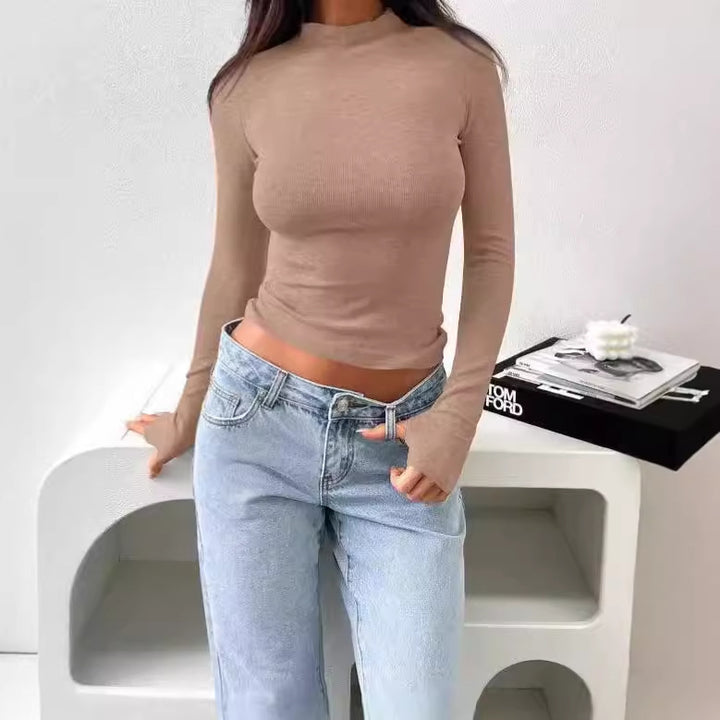 Long sleeve shirt for women with high neck design and fine ribbed texture Lune London