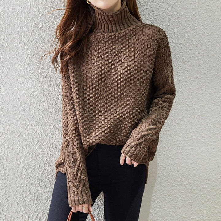 Ladies chunky knit sweater with high collar and structured design Lune London
