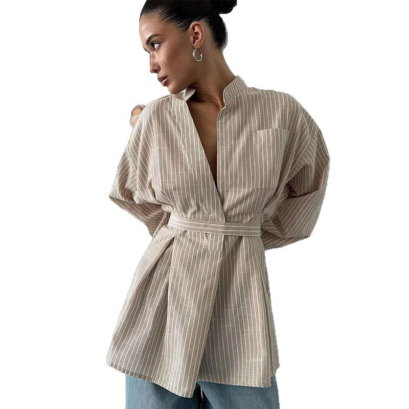 Women Modern Wrap Blouse Style with Belt and Vertical Stripes Lune London