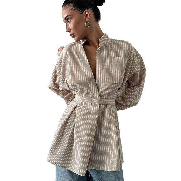 Women Modern Wrap Blouse Style with Belt and Vertical Stripes Lune London