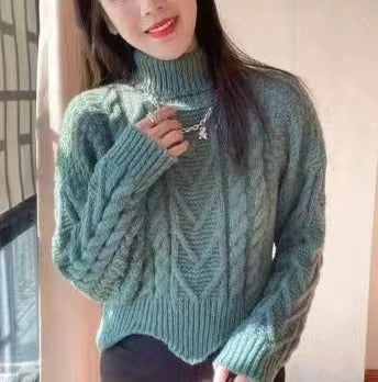 Thick knit pullover for women with high collar and cable pattern Lune London