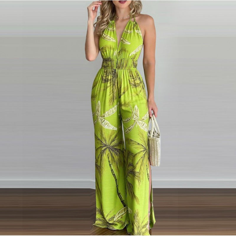 Ladies Tropical Print Jumpsuit High Split Lune London