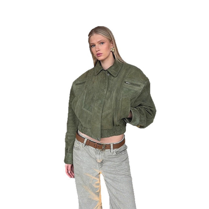 Lune London Women's Suede Bomber Jacket with Voluminous Sleeves