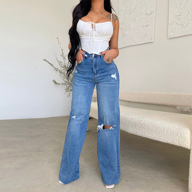 High-waisted wide jeans for women with distressed effects Lune London