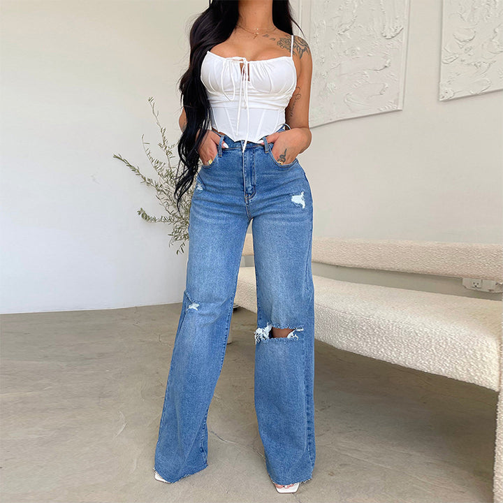 High-waisted wide jeans for women with distressed effects Lune London
