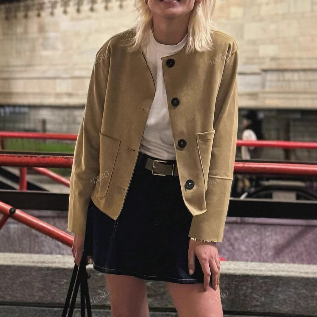 Fashionable women's suede jacket with front pockets and button detail Lune London