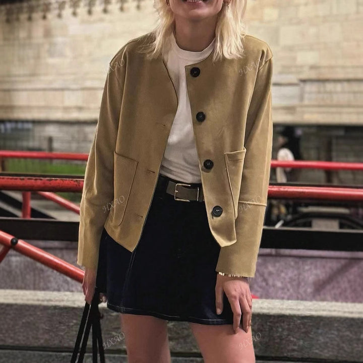 Fashionable women's suede jacket with front pockets and button detail Lune London