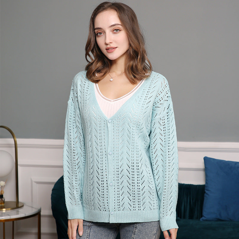 Women's knitted cardigan with airy lace pattern and V-neck Lune London